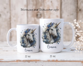 Unicorn Personalized Mug--Feminine, Girly, Pretty Blue Flowered Unicorn Coffee or Cocoa Mug--11 oz or 15 oz White Ceramic Mug