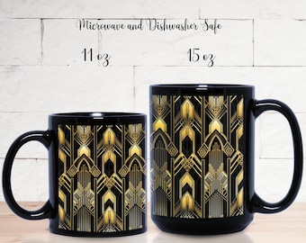 Art Deco Black Mug | Stylish Coffee Cup | Modern Elegant Drinkware | Gift for Him/Her | Office Decor | 11oz & 15oz