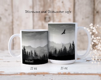 Misty Mountain Silhouette Coffee Mug With Custom Name--Peaceful Mountain Forest, Graphic White Ceramic Mugs 11 oz and 15 oz