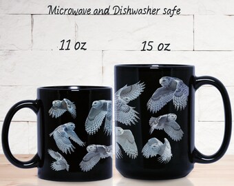 Owl Coffee Mug--A Parliament of Snowy Owls Soaring Through the Night Sky--11 oz or 15 oz Black Ceramic Mug