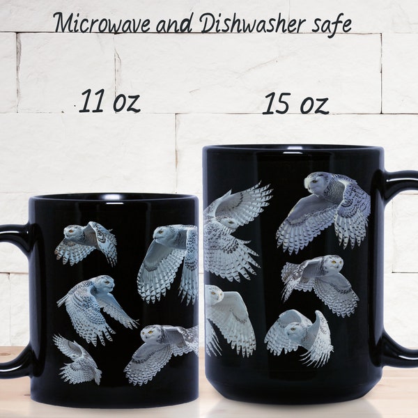 A Parliament of Snowy Owls Soaring Through the Night Sky--11 oz or 15 oz Black Ceramic Mug
