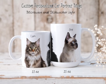 Three Cats Personalized Custom Mug--Your Pet's Photos on a Mug With Their Names--Custom Pet Portrait Mug 11 oz or 15 oz Names Above