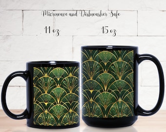 Green and Gold Art Deco Arches--Black Mug | Stylish Coffee Cup | Modern Elegant Drinkware | Gift for Him/Her | Office Decor | 11oz & 15oz