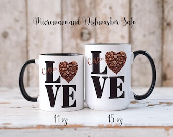 Coffee LOVE Mug, Coffee Lovers' Heart Mug--Coffee Bean Heart, I Love Coffee, Valentines Gift Mug