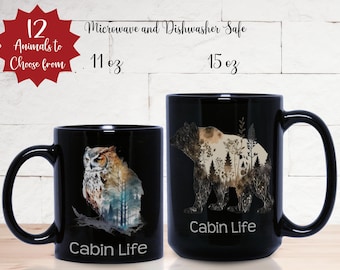 Cabin Life Black Coffee Mug With Your Choice of Wildlife