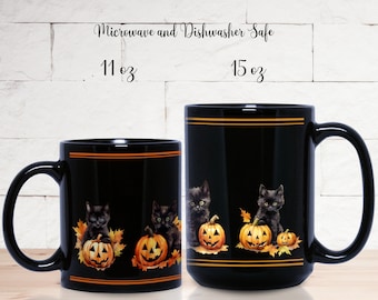 Taza de Halloween, calabazas y gatos negros, lindos gatitos, elegantes tazas de cerámica negra de 11 oz y 15 oz para otoño o Halloween