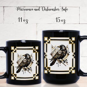 Art Deco Stylized Raven Framed in Gold--Black Mug | Stylish Coffee Cup | Modern Elegant Drinkware | Gift for Him/Her  11oz & 15oz