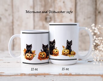 Taza de Halloween, calabazas y gatos negros, lindos gatitos, elegantes tazas de cerámica blanca de 11 oz y 15 oz para otoño o Halloween