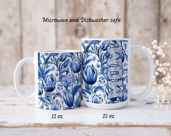 M O M---Caneca do Dia das Mães--Presente para a Mãe com Nome(s) Personalizado(s)--MÃE com Tulipas Azuis