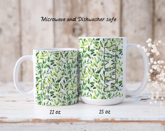 M A M A---Mother's Day Mug--Gift for Mom With Custom Name(s)--MAMA With Green Vines