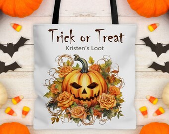Trick or Treat Bag--Coquette Jack-o-lantern, Custom Name Halloween Bag, Kids' Treat Bag, Trick-or-Treating Tote Bag