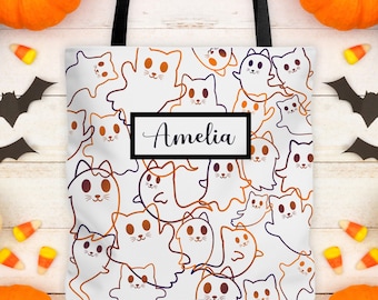 Trick or Treat Bag--Ghost Cats Custom Name Halloween Bag, Kids' Treat Bag, Trick-or-Treating Tote Bag