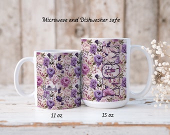 M O M---Caneca do Dia das Mães--Presente para a Mãe com Nome(s) Personalizado(s)--MÃE com Rosas Roxas