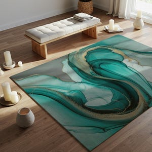 Tappeto in marmo verde acqua e oro, tappeto astratto Liquid Art