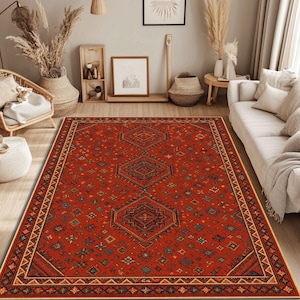 Red Medallion Area Rug – Washable Classic Carpet for Bedroom, Living Room, or Cozy Decor