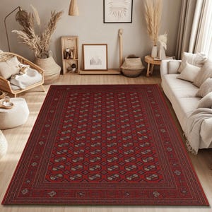 Geometric Red Area Rug: Soft Chenille, Classic Floor Mat