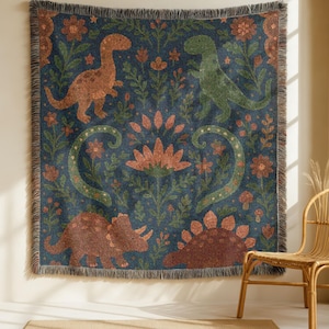 Floral Dinosaur Woven Blanket: Kids Nursery Throw, Cotton Blend