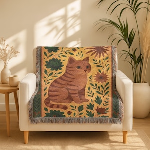 Cat Woven Throw Blanket: Boho Floral Design, Cozy Cotton