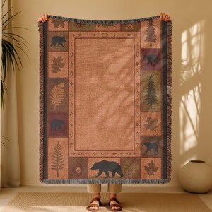 Rustic Bear Woven Blanket - Cozy Cabin Throw Blanket - Lodge Decor Blanket - Nature Wildlife Couch Blanket - Forest Theme Blanket