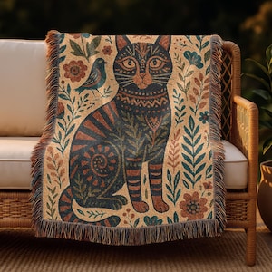 Couverture tissée art folklorique chat - jeté bohème confortable avec motif botanique floral - cadeau rustique pour amoureux des chats, décoration cottagecore