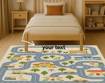 May include: A beige children's play rug with a road map design. The rug features blue roads, green trees, and illustrations of buildings like a school, hospital, and supermarket. Yellow cars and construction vehicles are also depicted.