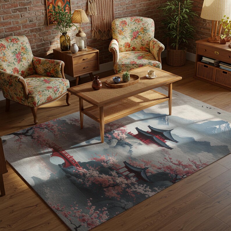May include: A living room scene featuring two floral armchairs, a wooden coffee table, and a rug with an Asian-inspired landscape design. The rug showcases a red bridge, buildings, and cherry blossoms.