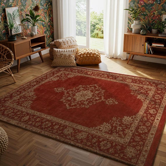 Rust Red Area Rug | Boho Medallion Carpet