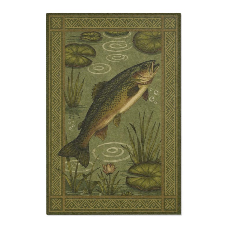 Rustic Lake Fish Area Rug | Fishing Cabin Carpet, Green Nature Floor ...