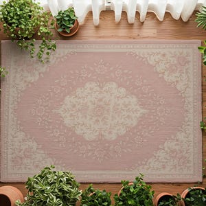 Blush Pink Floral Area Rug: Boho Farmhouse Style, Washable Low Pile Carpet