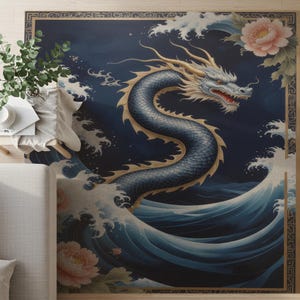 Blue Dragon Oriental Rug: Mythical Wave Asian Decor