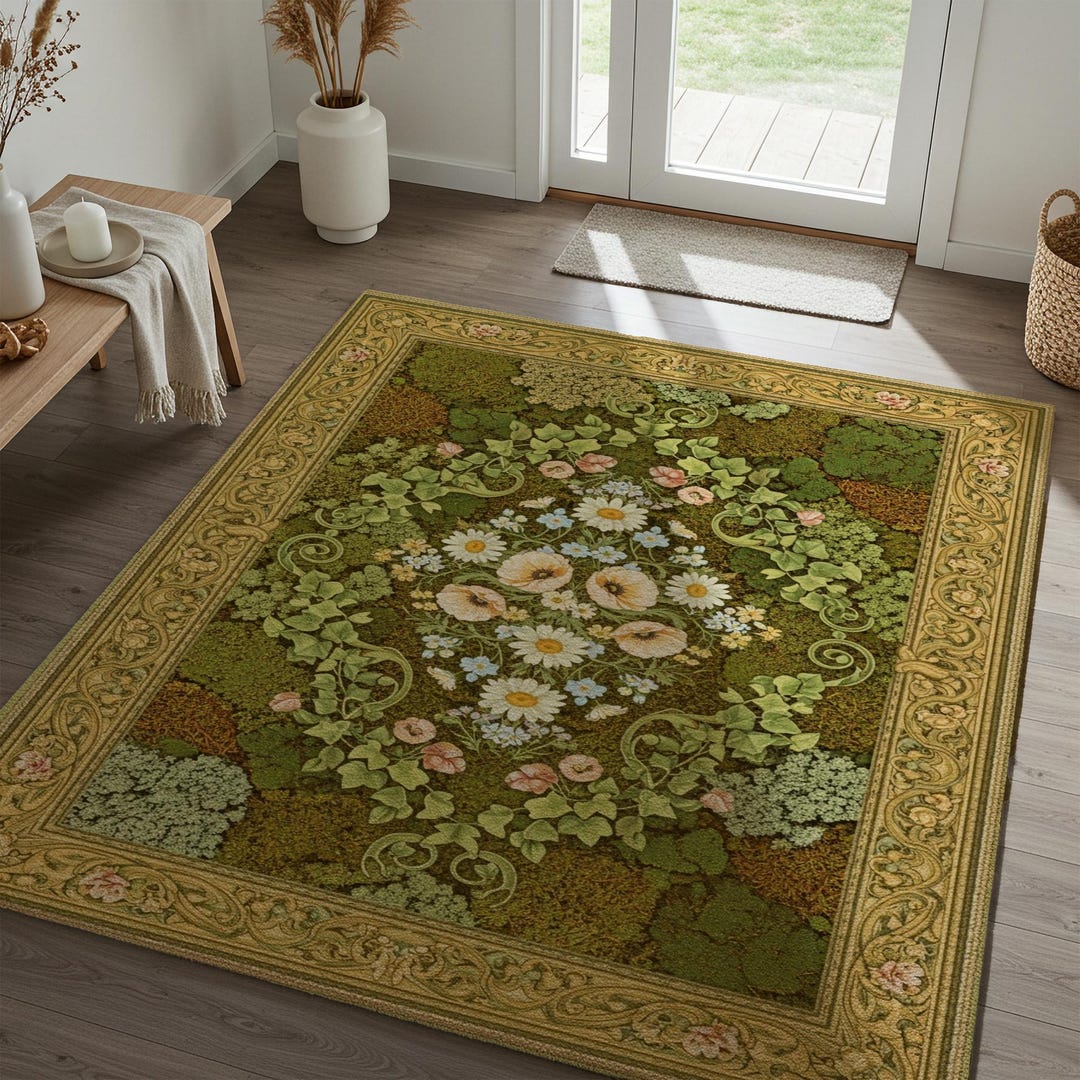 Enchanted Rug Enchanted Forest Rug: Moss Green Wildflower Carpet With Golden Frame - Etsy