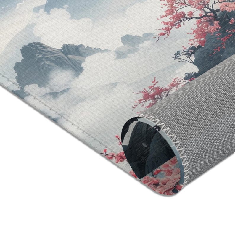Japanese Zen Rug | Sakura Blossom, Mountain Landscape image 4