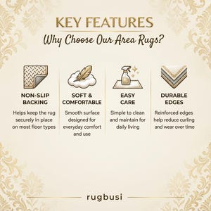 May include: Image showcasing key features of area rugs, including non-slip backing, soft and comfortable texture, easy care, and durable edges. The text highlights the benefits of these rugs for home use.