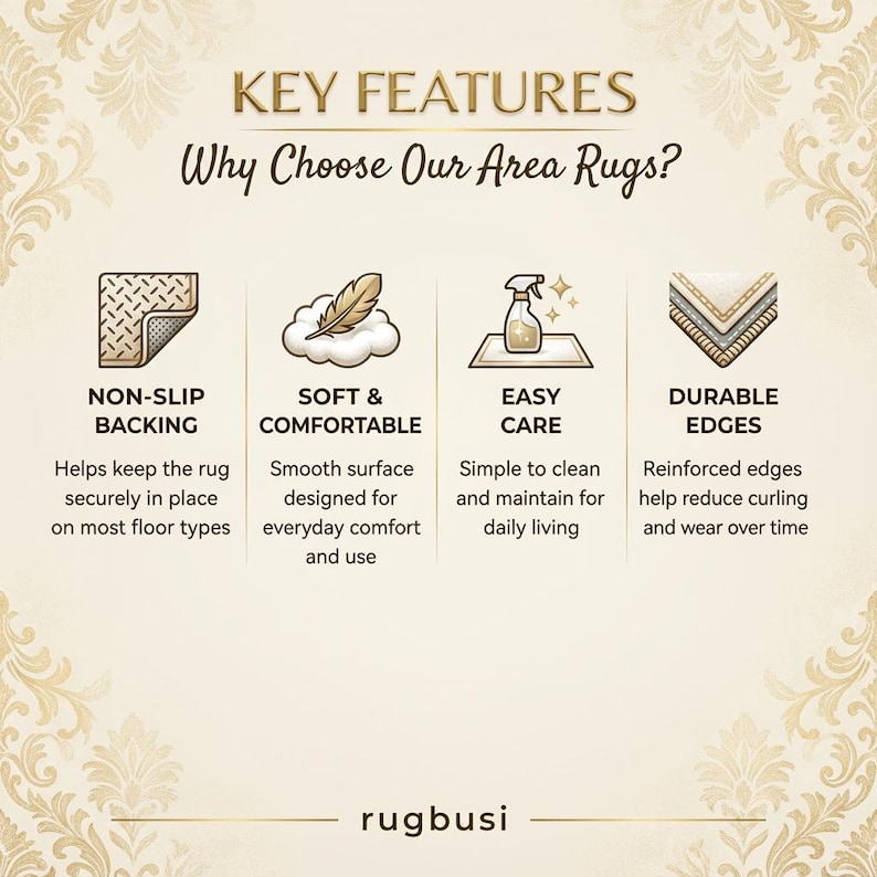 May include: Image showcasing key features of area rugs, including non-slip backing, soft and comfortable texture, easy care, and durable edges. The text highlights the benefits of these rugs for home use.