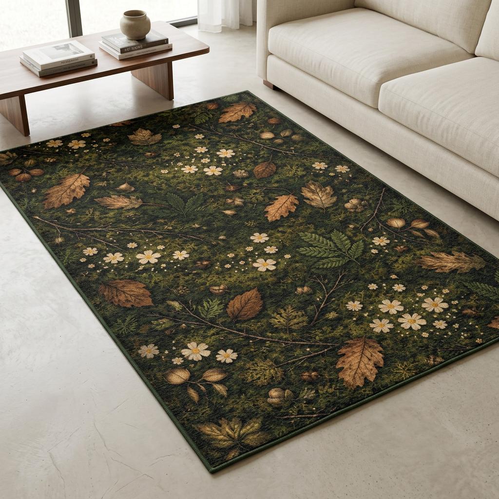 Forest Floor Area Rug | Moss Botanical Woodland Rug With Leaves Flowers ...