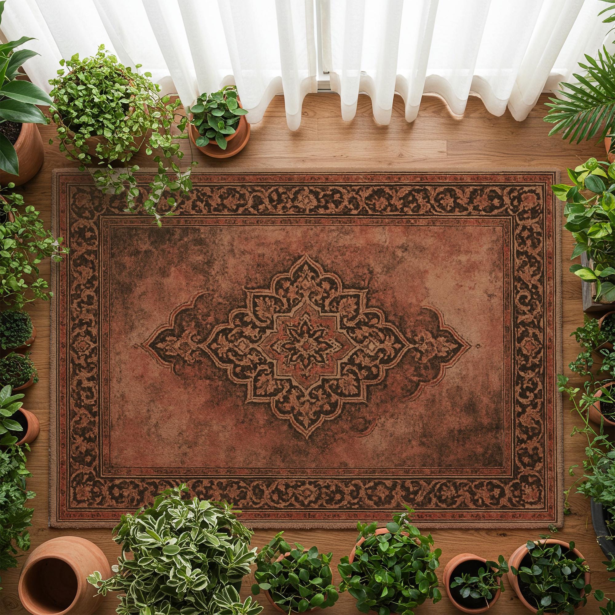 Rust Terracotta Medallion Area Rug | Vintage Style Ornamental 