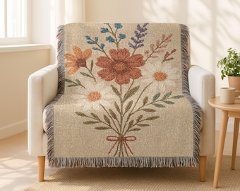 Wildflower Woven Blanket: Boho Floral Throw, 100% Cotton