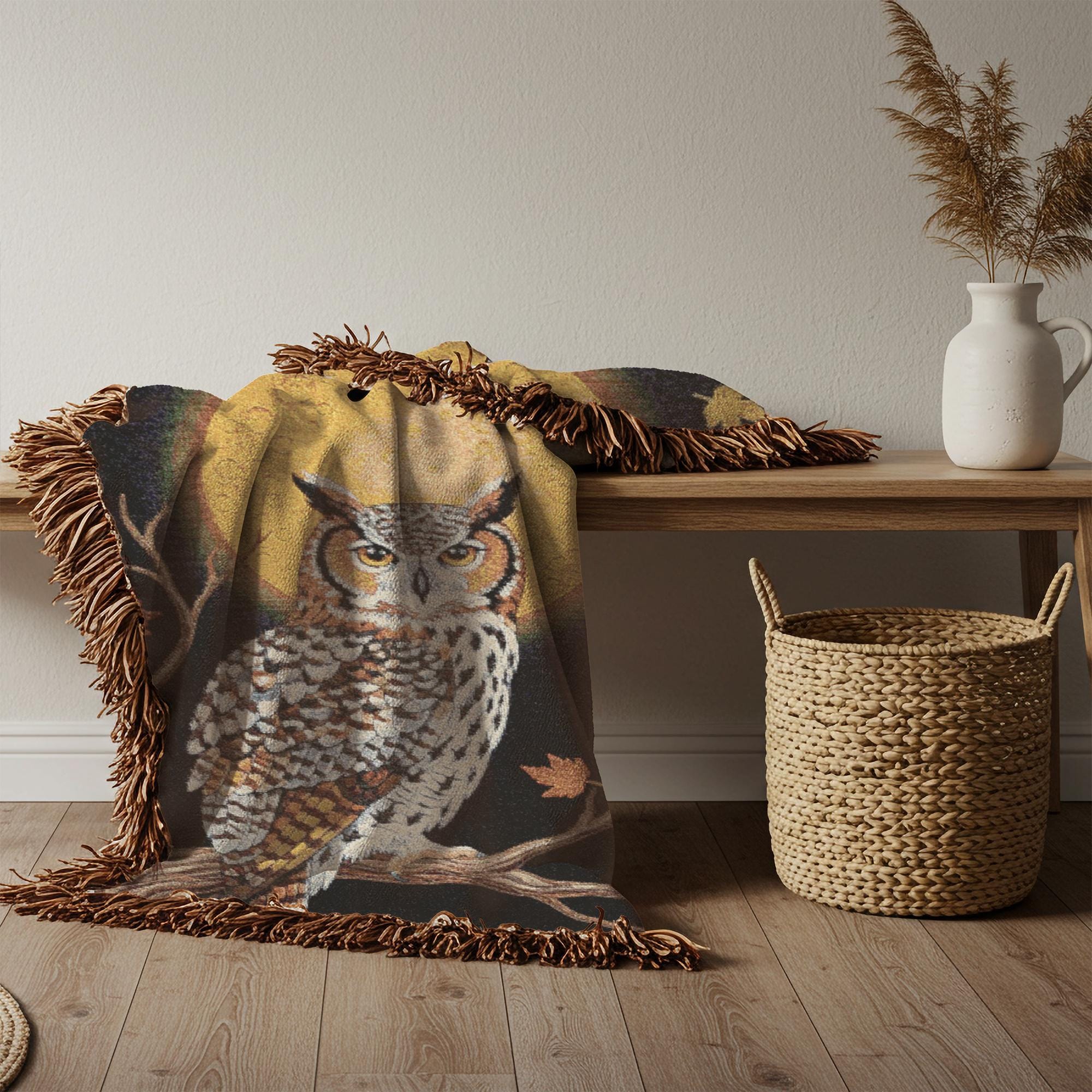 Owl Moon Woven Blanket: Rustic Autumn Forest Wildlife Boho Throw