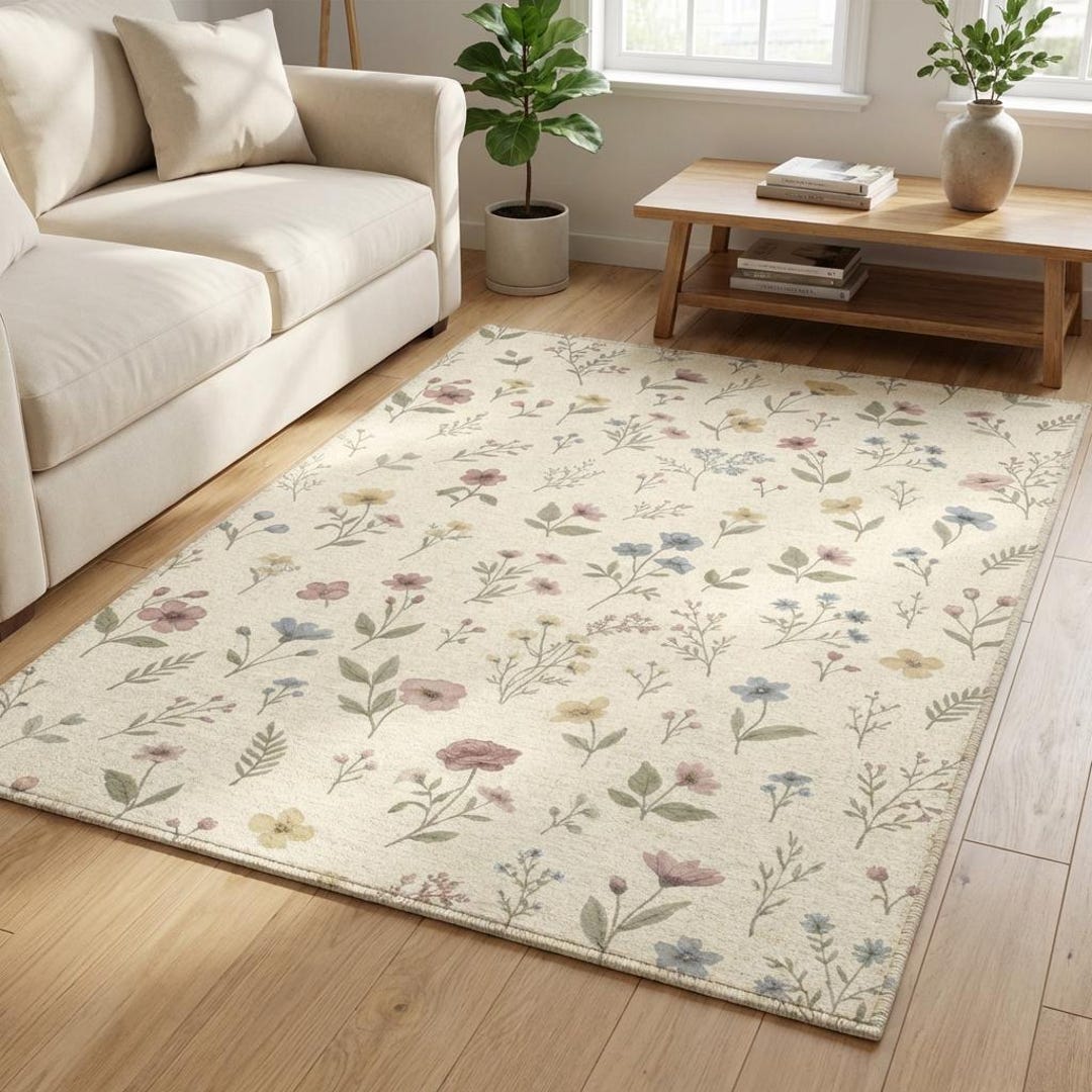 Cottagecore Floral Area Rug | Ivory Cream Vintage Botanical Floor ...