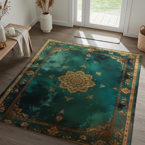 Emerald Green Rug, Floral Medallion Carpet, Washable Traditional Living Room Decor