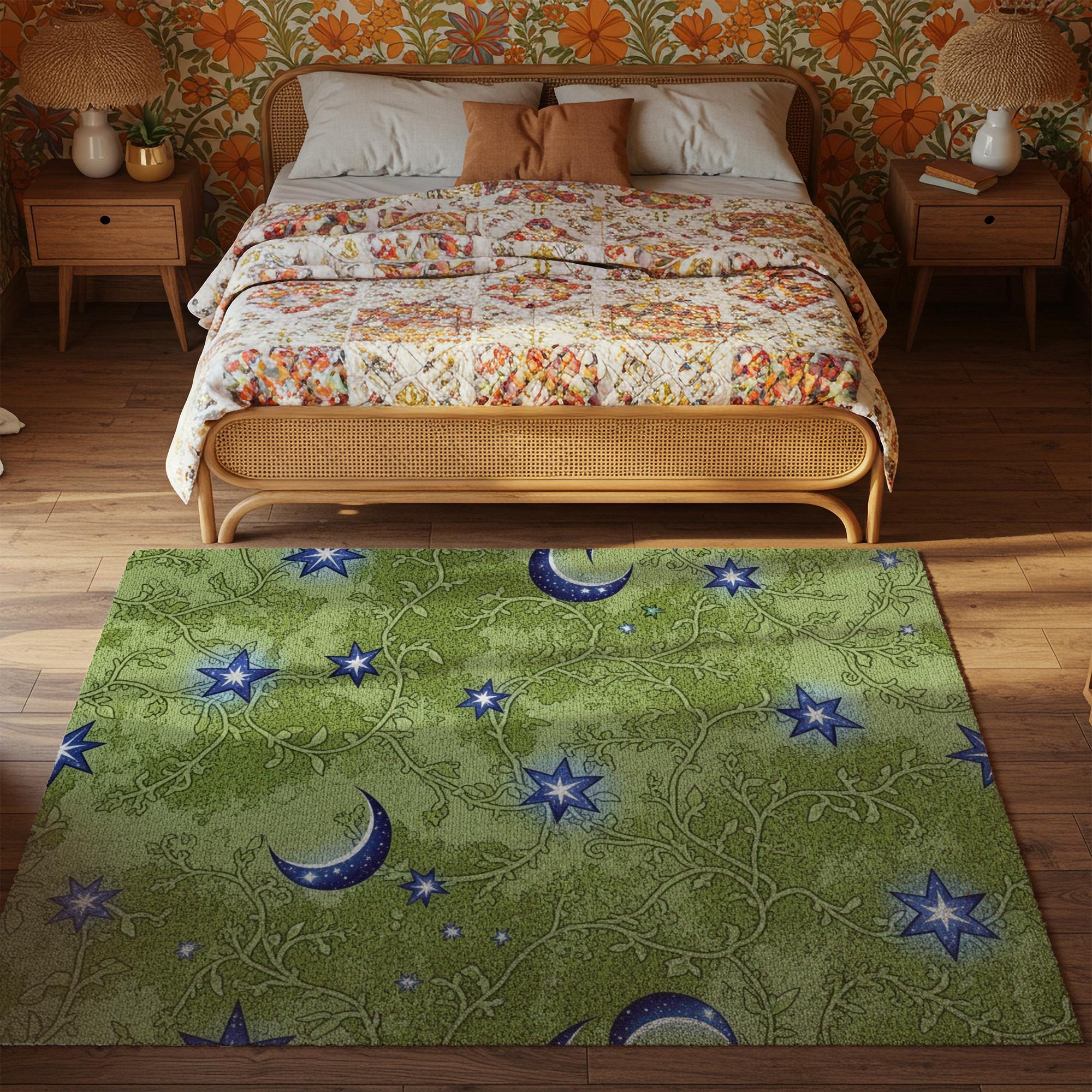 Whimsigoth Celestial Rug: Moon, Stars, Green Vines - Washable - Etsy