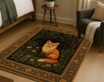 Whimsical Fox Area Rug: Floral Animal Carpet, Dark Academia Decor