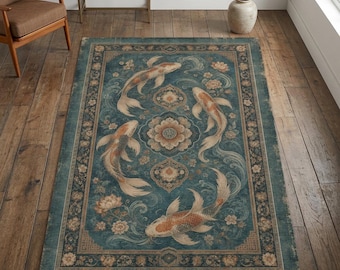 Vloerkleed koivissen, blauw bloementapijt, tapijt in Japanse stijl, botanisch kustdecor, rustig woonkamertapijt