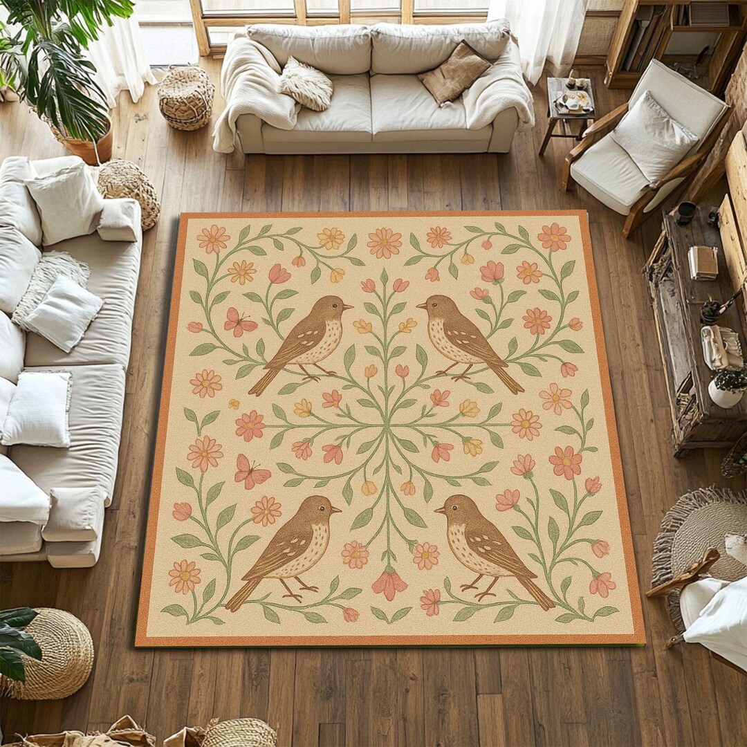 Floral Bird Area Rug: Washable Chenille Botanical Carpet - Etsy