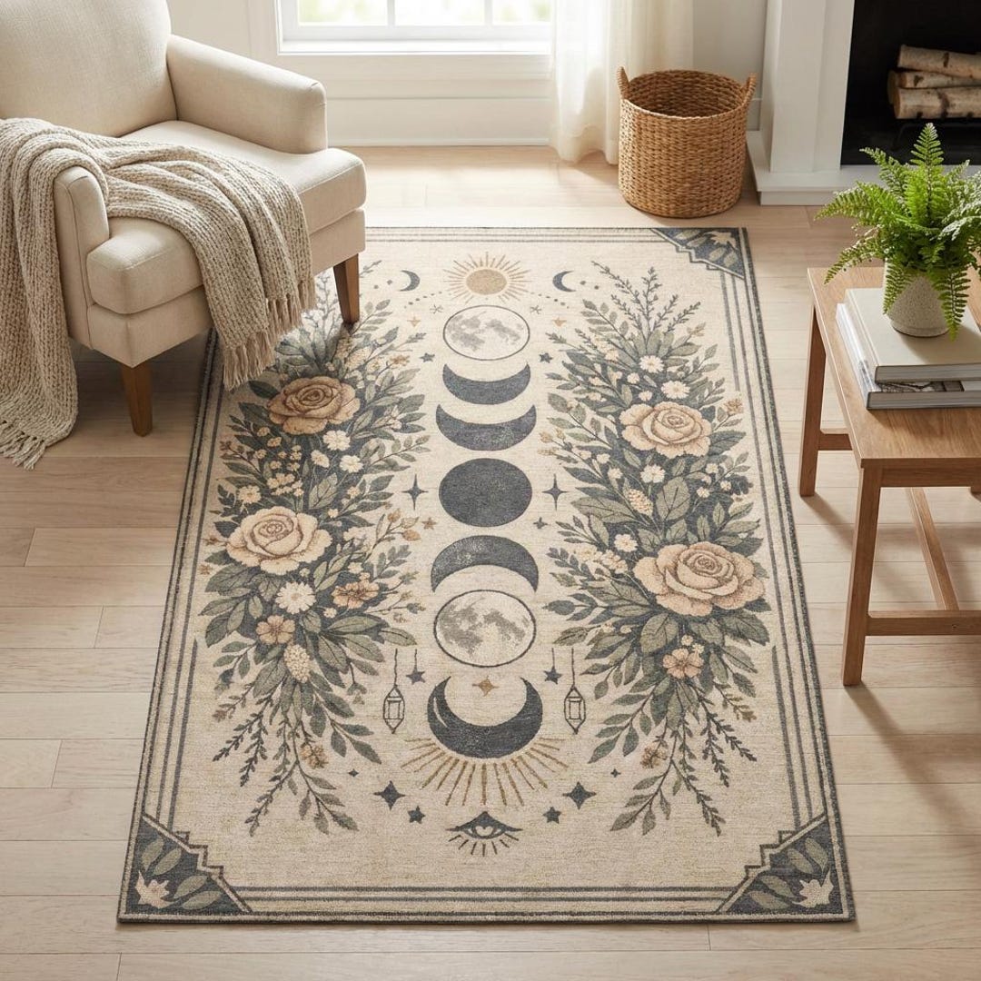 Moon Face Rug Celestial Moon Phase Area Rug | Botanical Witchy Boho Spiritual Floral ...
