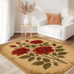 Roter Rosenteppich - Botanischer Blumenteppich für Wohnzimmer, gerahmter Blumenteppich, weiche Chenille-Matte, rustikaler Wohnakzent
