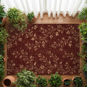 Burgundy Botanical Area Rug, Cottagecore Decor