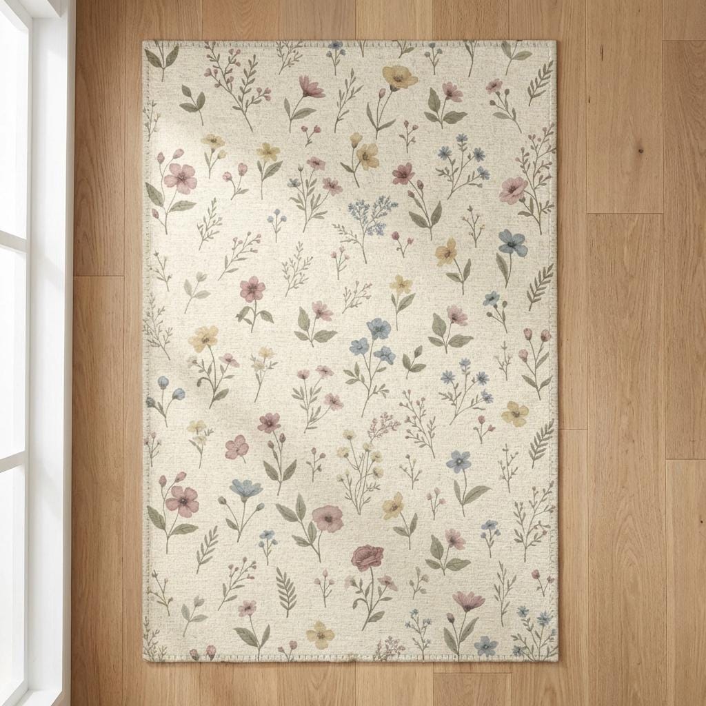 Cottagecore Floral Area Rug | Ivory Cream Vintage Botanical Floor ...