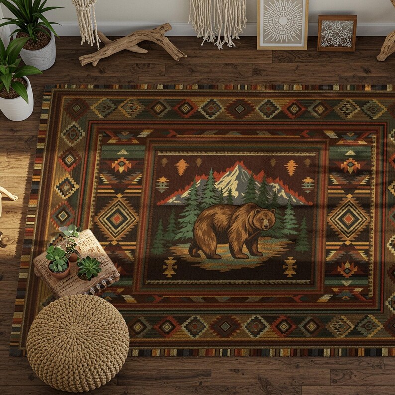 Rustic Bear Area Rug: Cabin Lodge Mountain Decor Washable Non-slip ...