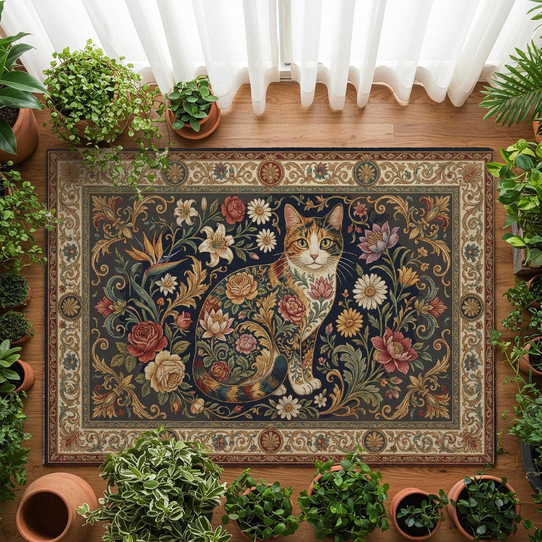 Floral Cat Area Rug, Whimsical Botanical Cottagecore Decor - Etsy